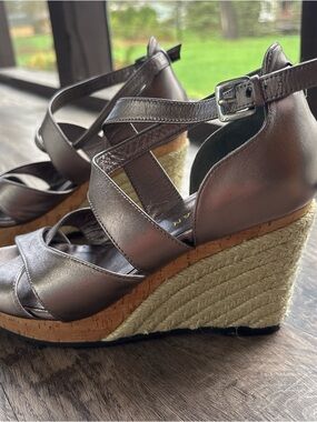 Cole Haan Metallic Gray Crisscross Wedge Sandals with Ankle Strap